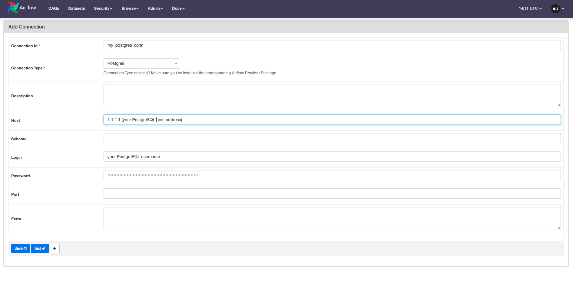 Example PostgreSQL connection