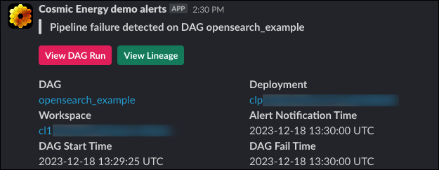 Screenshot of an Astro alert in a Slack channel.