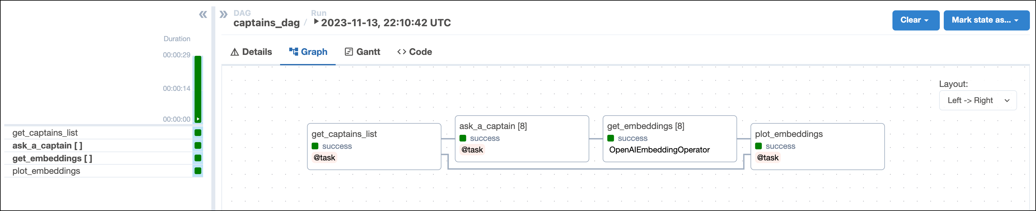 Screenshot of the Airflow UI showing the successful completion of the captains_dag DAG in the Grid view with the Graph tab selected. All 8 captains available were selected to be asked the question, which led to 8 mapped task instances of both the ask_a_captain and get_embeddings task.