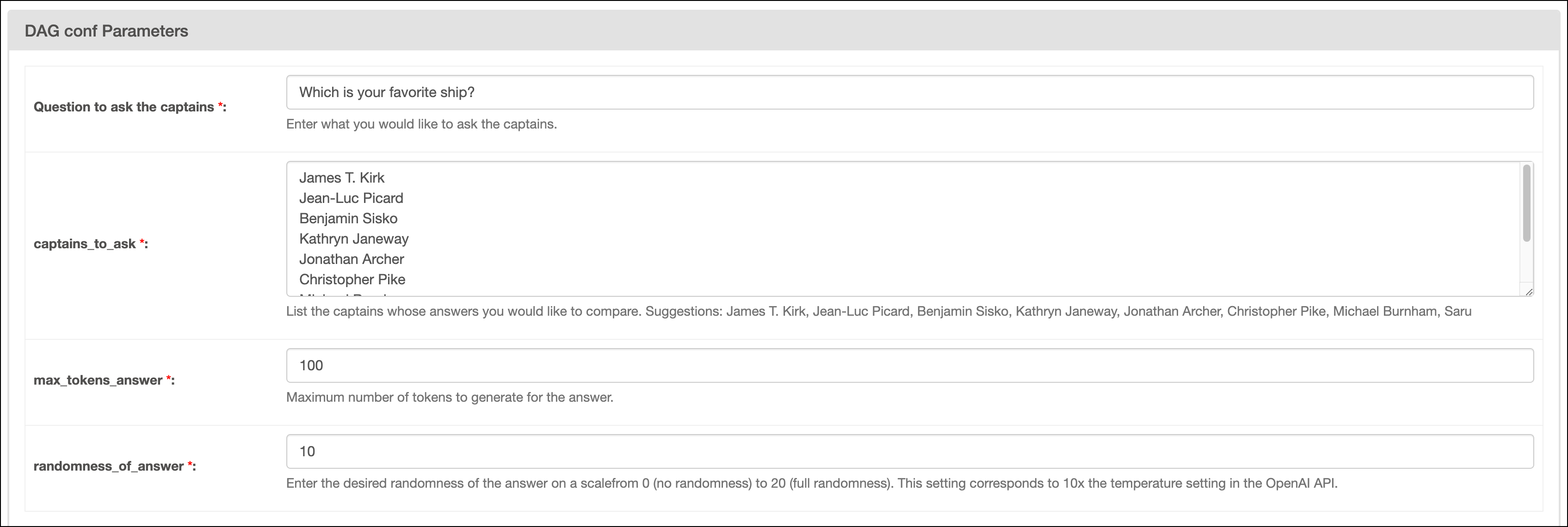 Screenshot of the Airflow UI showing the params available for the captains_dag DAG with the default choices.