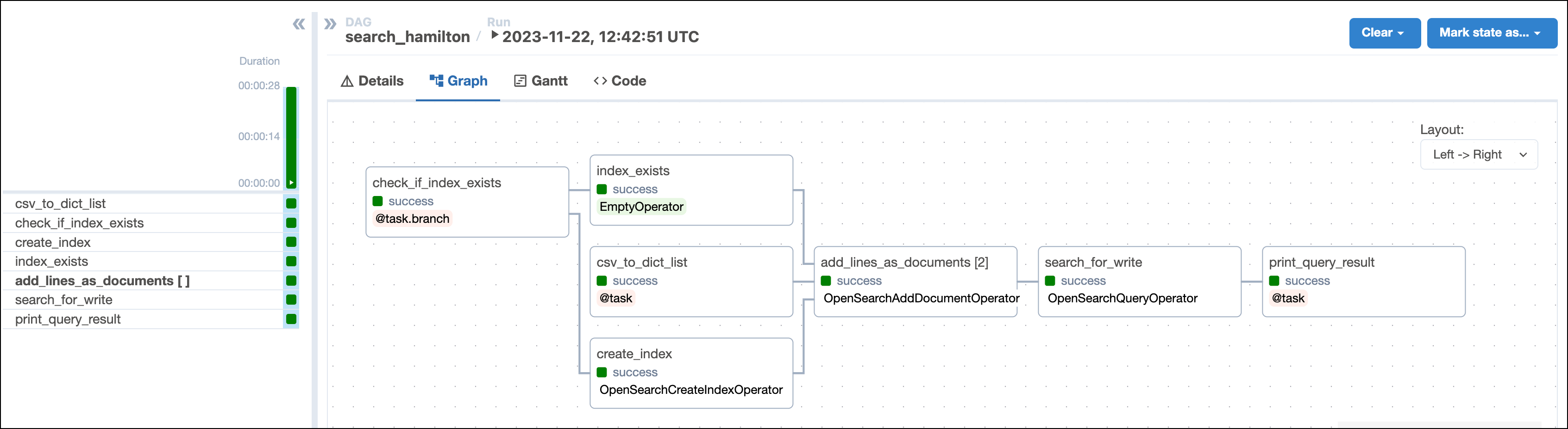 Screenshot of the Airflow UI showing the successful completion of the search_hamilton DAG in the Grid view with the Graph tab selected.