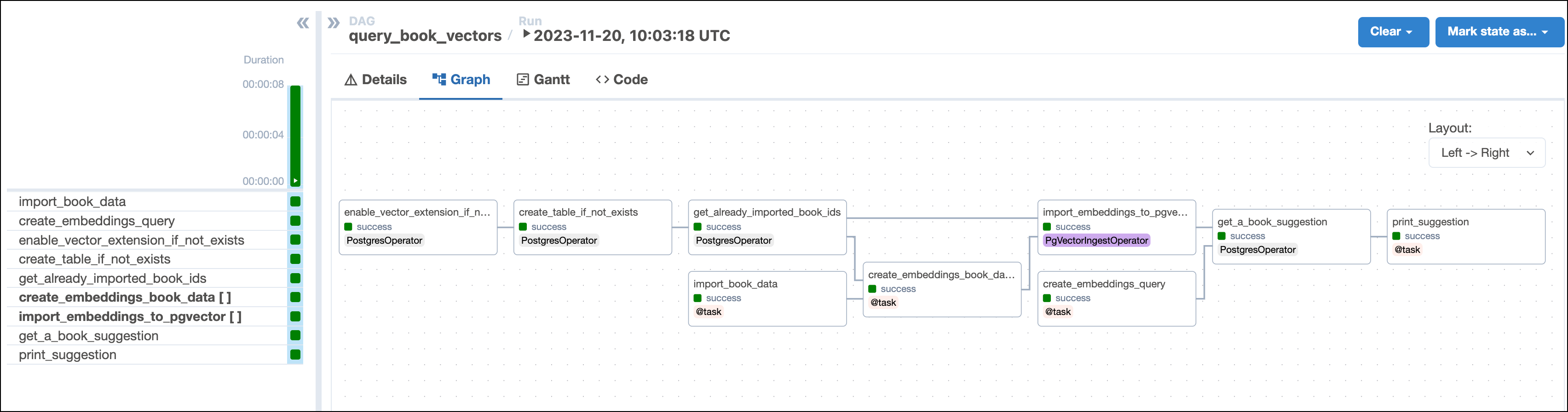 Screenshot of the Airflow UI showing the successful completion of the query_book_vectors DAG in the Grid view with the Graph tab selected.