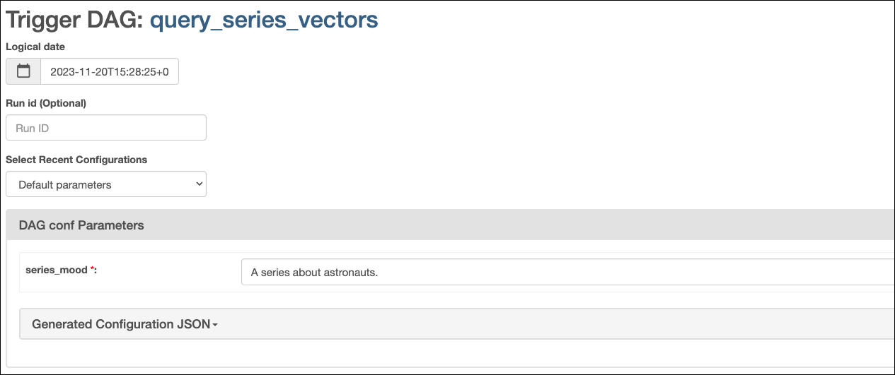 A screenshot of the Trigger DAG view in the Airflow UI showing the mood A series about Astronauts being provided to the series_mood param.