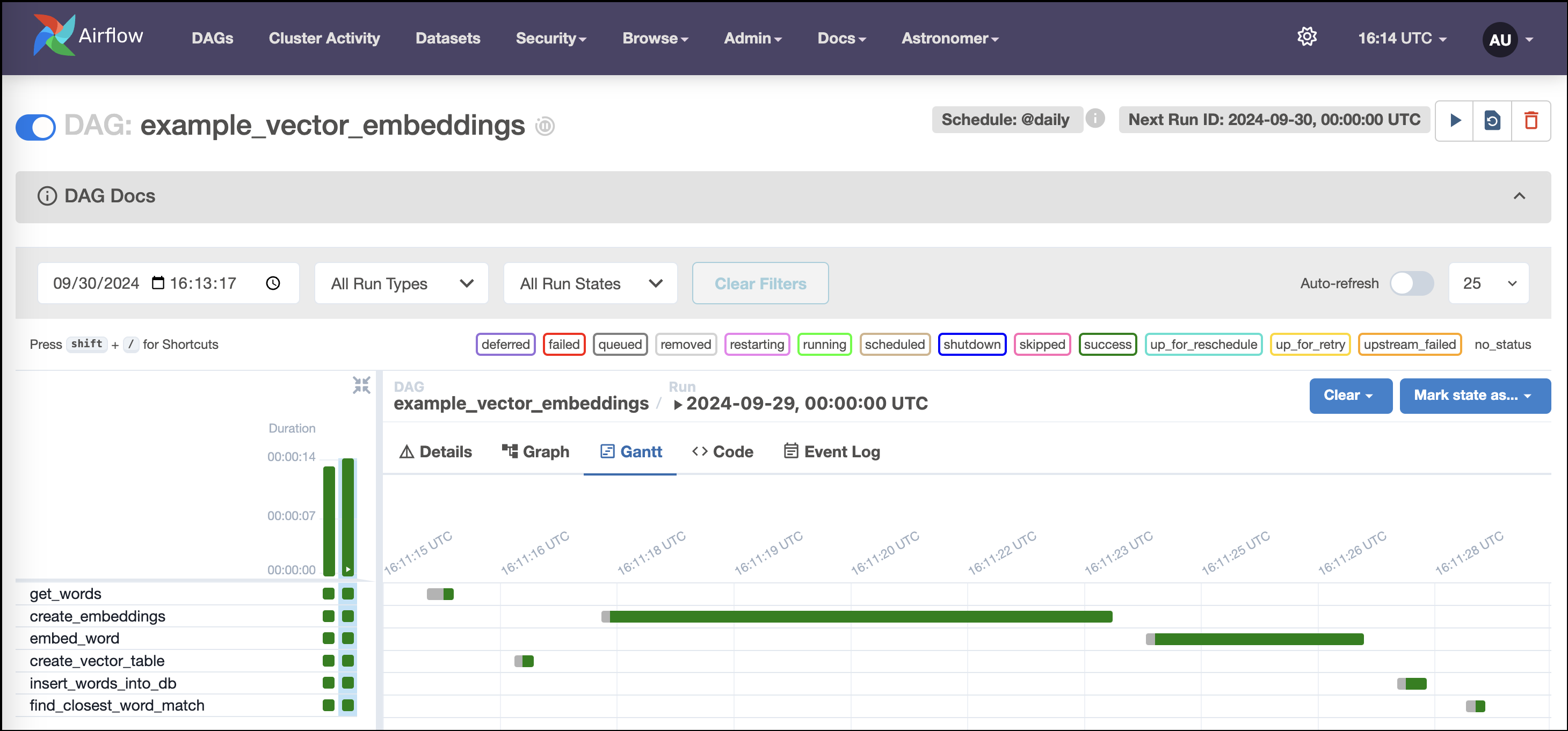 Example Vector Embeddings DAG Gantt chart