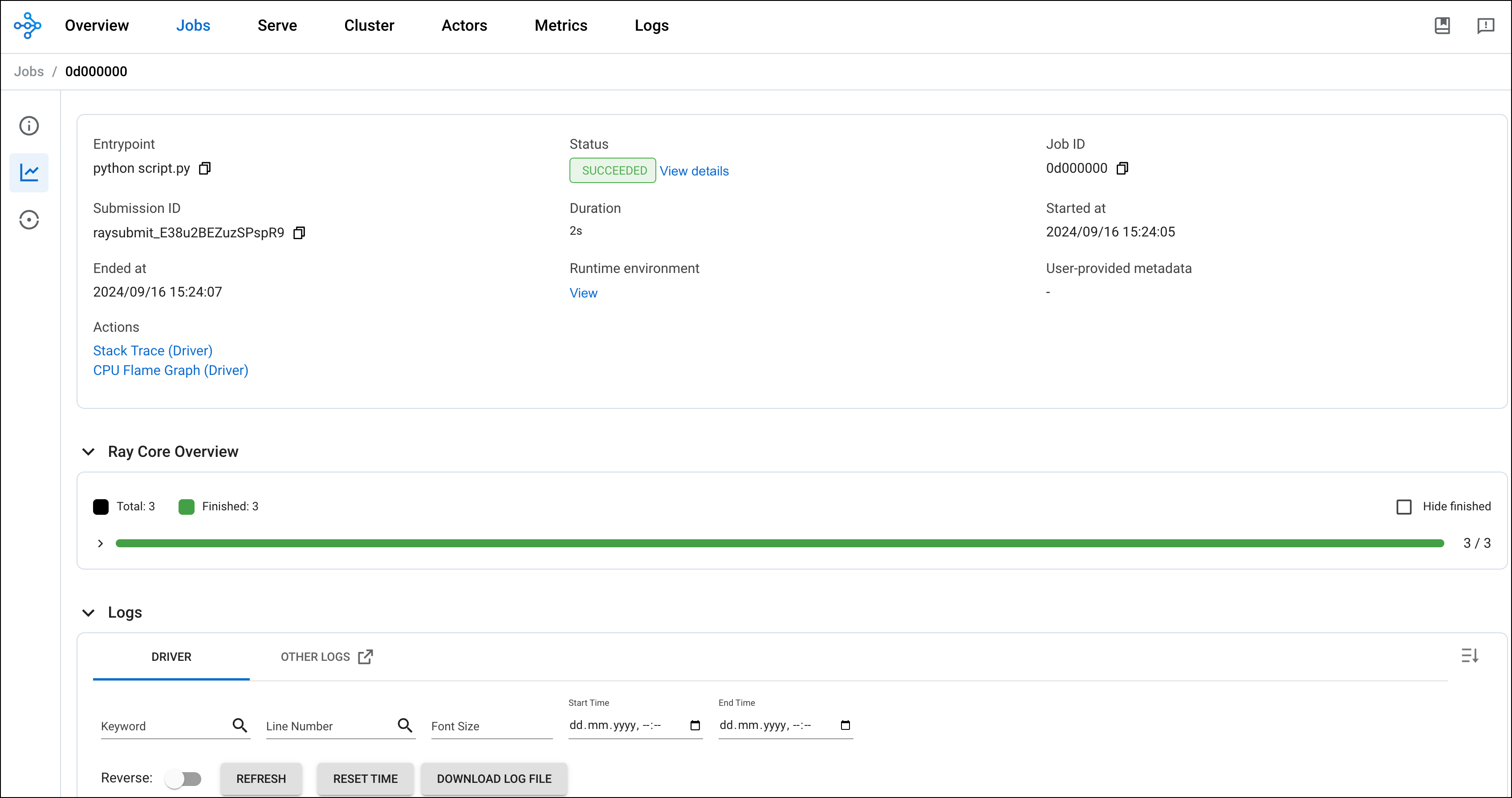 Ray dashboard showing a Job completed successfully.