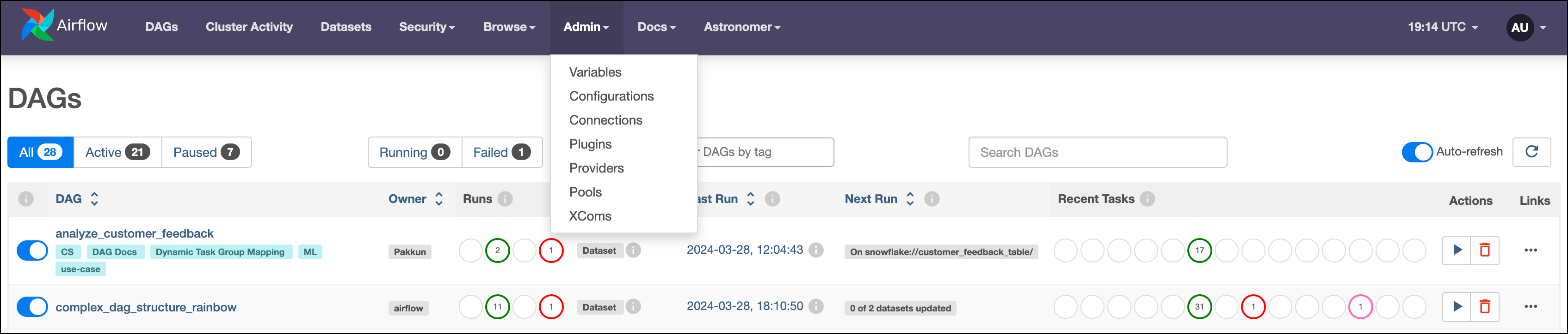 Screenshot of the Airflow UI with the Admin tab selected.