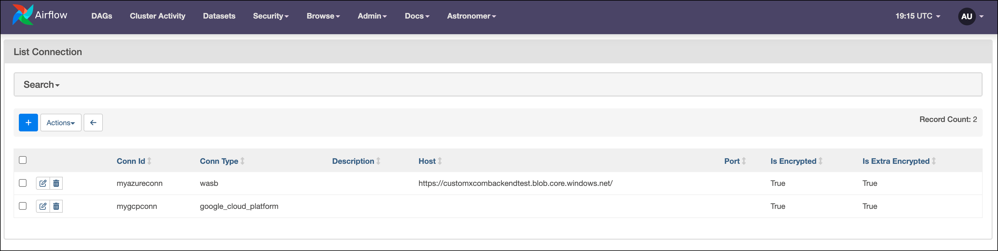 Screenshot of the Connections page showing 2 Airflow connections that have been configured.