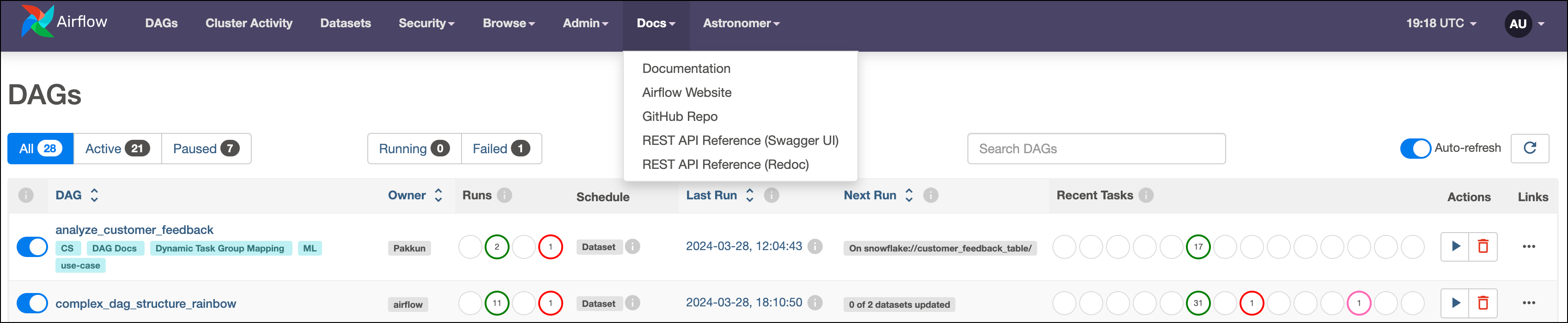 Screenshot of the Airflow UI with the Docs tab selected.