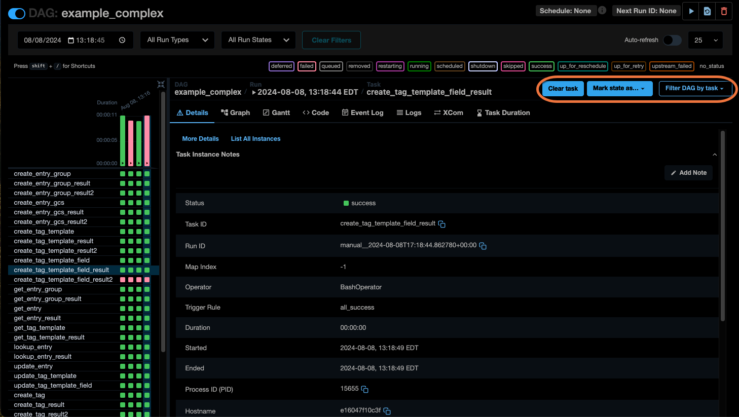 Screenshot of the Airflow UI DAG view shown when an individual task instances is selected with 3 additional buttons available.