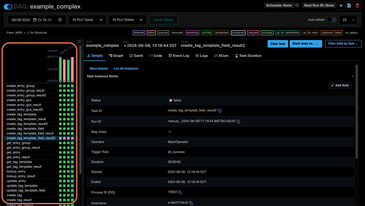 Screenshot of the Airflow UI DAG view of an individual DAG. The left side with the DAG grid view is highlighted.