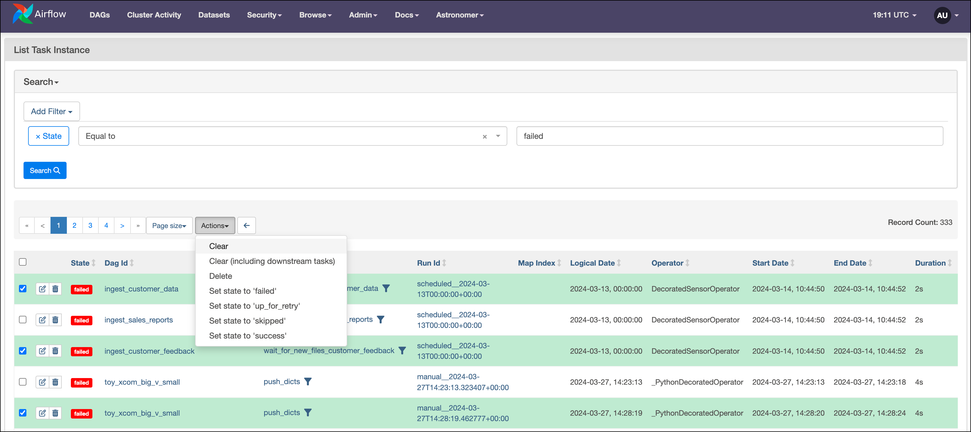 Screenshot of the Airflow UI task instances list view with a filter applied for failed task instances, and the menu for task clearing selected.