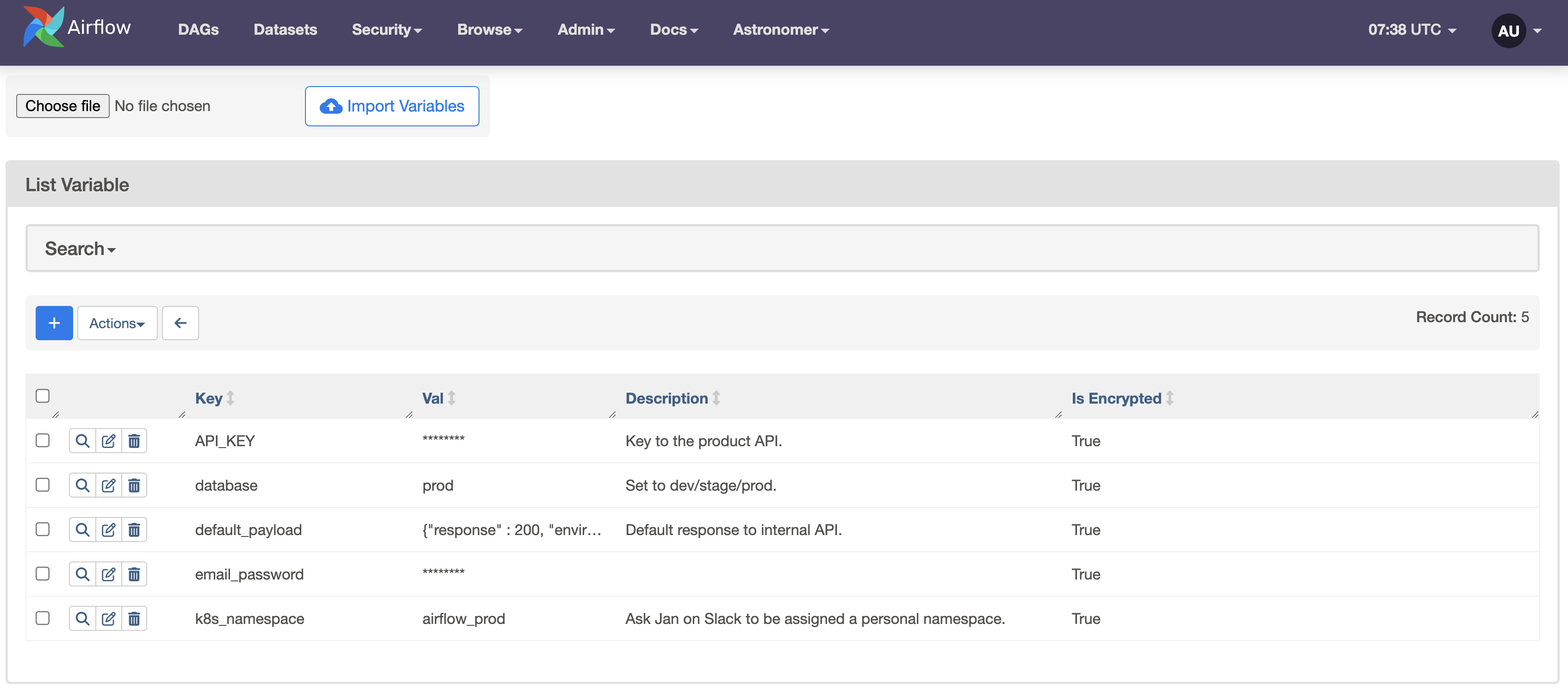 Variables in the Airflow UI