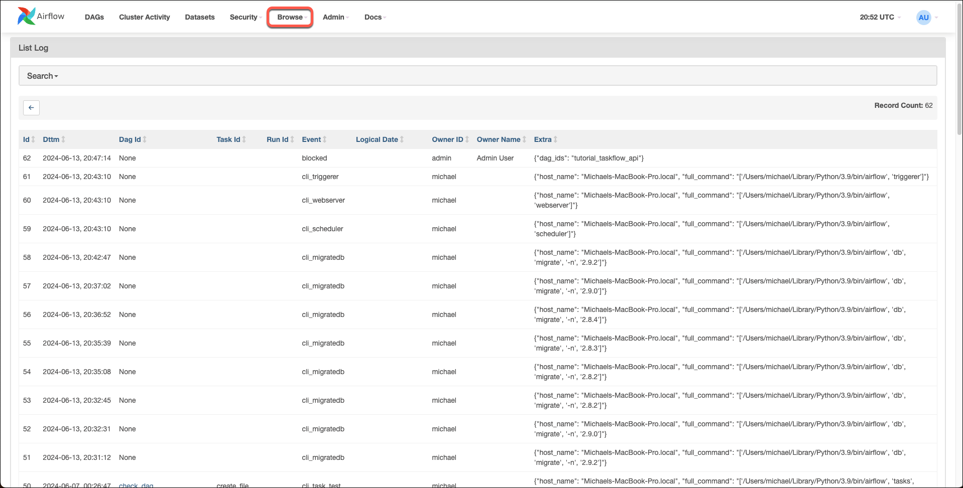 Audit Logs List View in the Airflow UI.