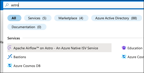 The Azure marketplace search bar. The text &#39;astro&#39; is entered and the search bar returns the Astro Azure Native ISC Service as a result.