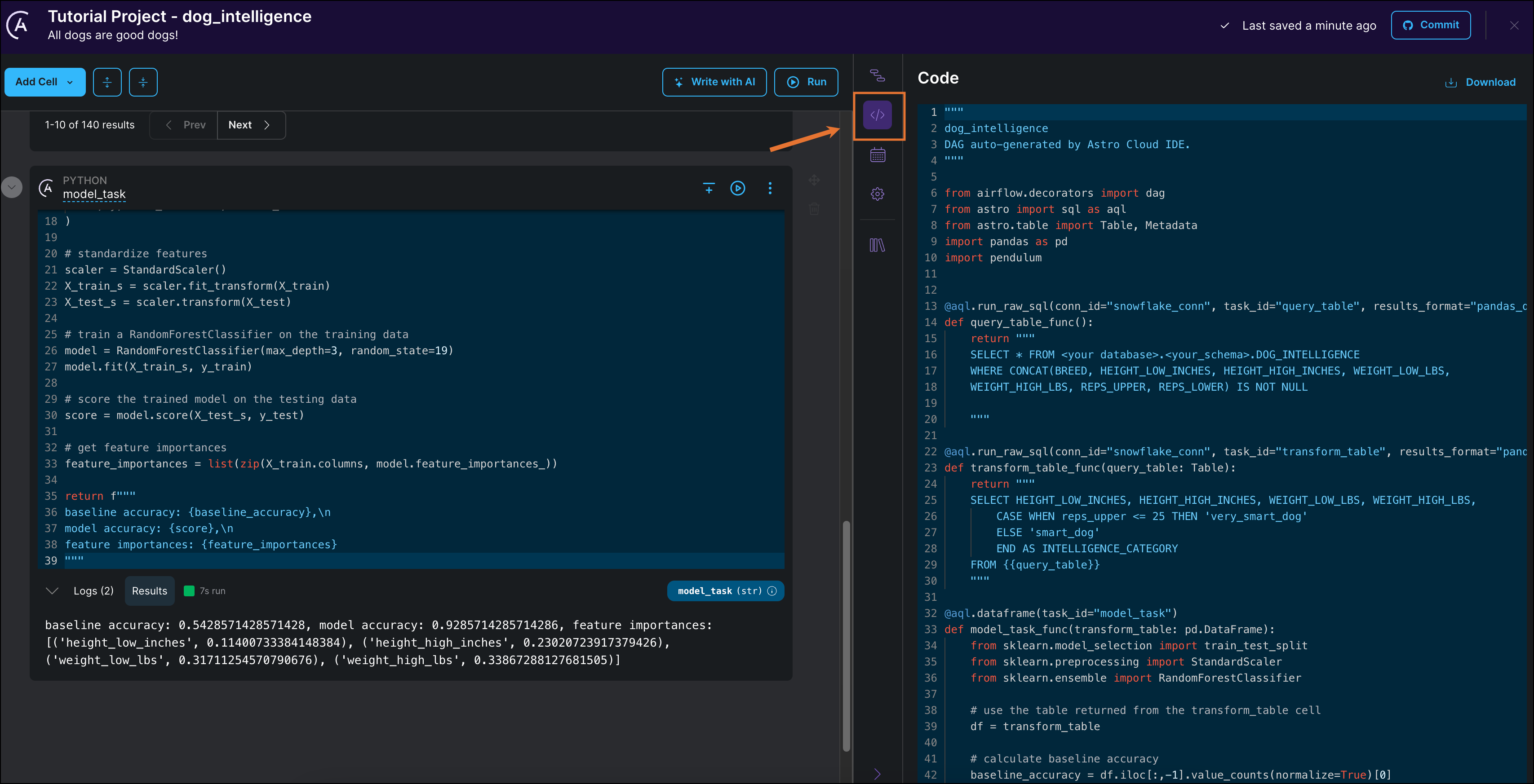 Code tab of the Cloud IDE showing the full DAG code for the DAG we created in this tutorial.