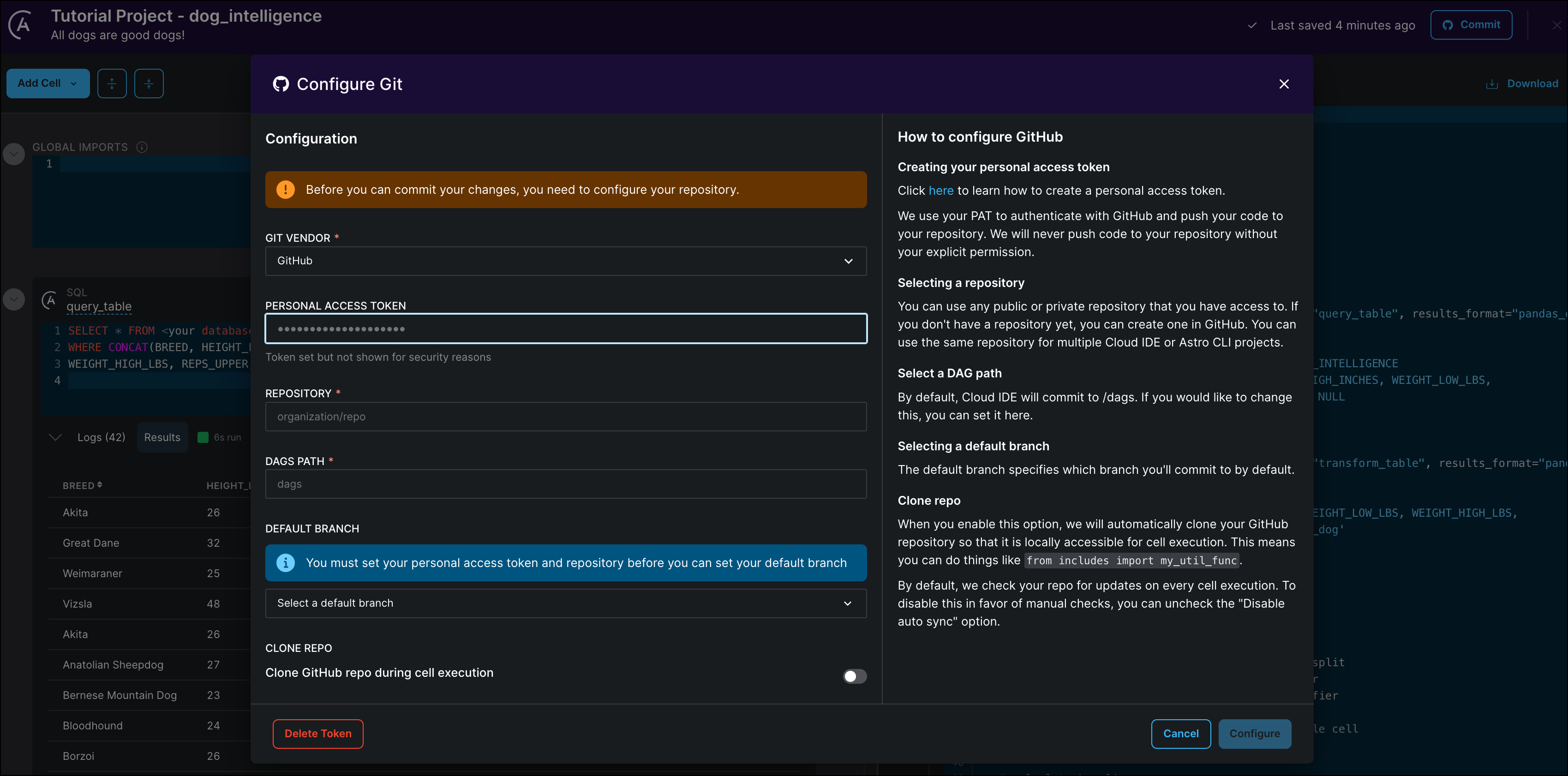 Dialogue to configure the GitHub connection of the Cloud IDE.