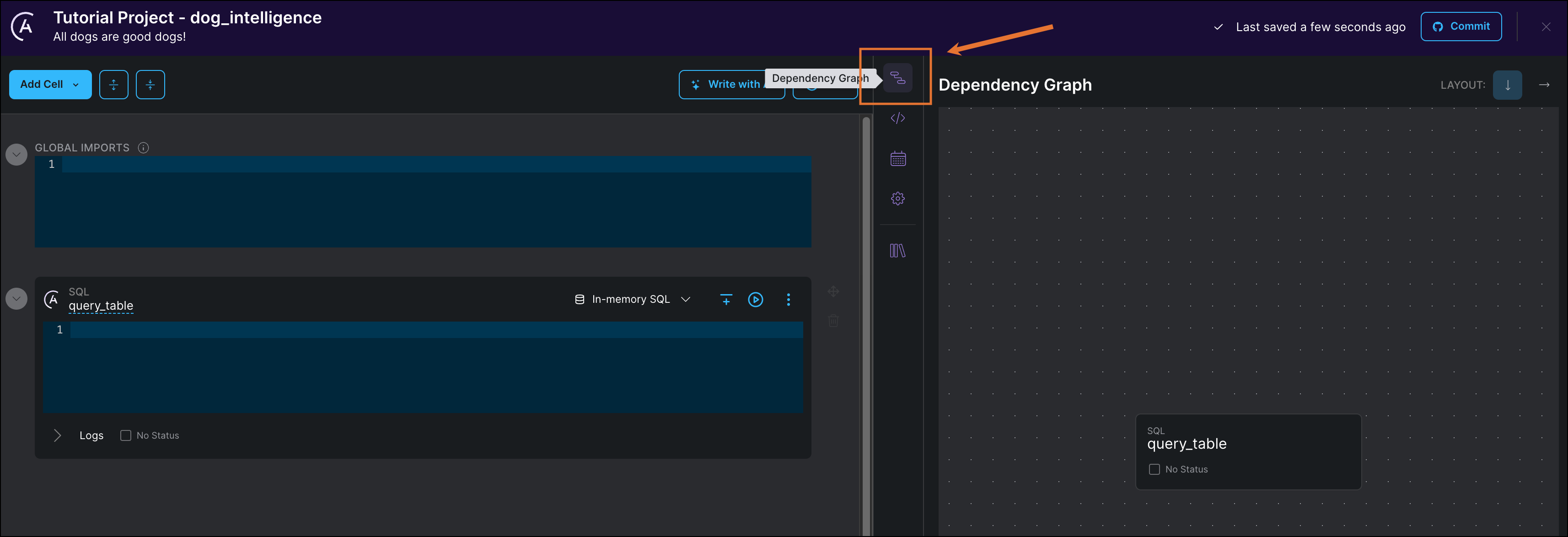 Screenshot of the Cloud IDE showing the dependency graph on the right side and the pipeline cells on the left side. One cell has been created called query_table. It is currently an empty SQL cell.