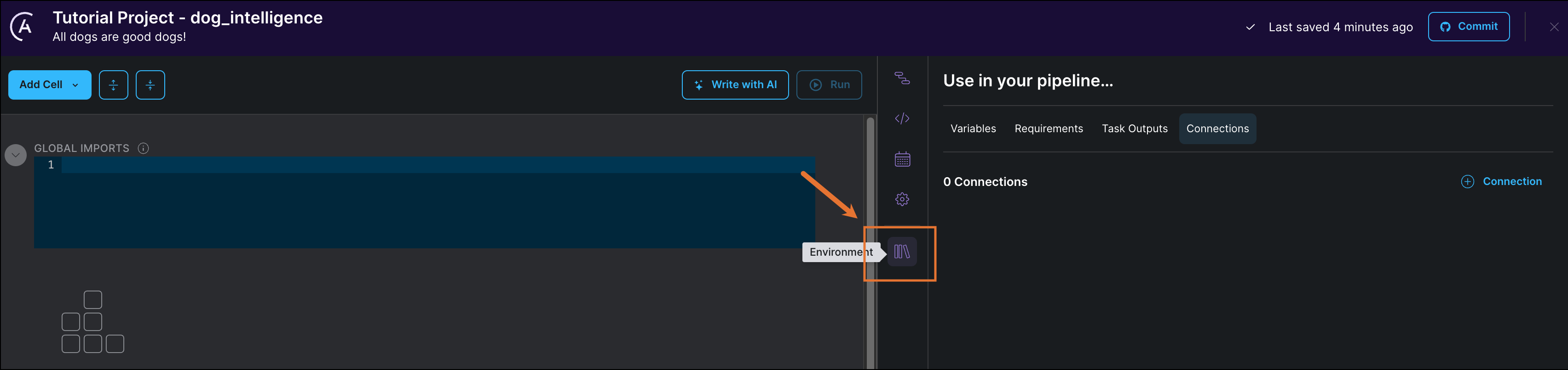 Screenshot of the Cloud IDE with the environment tab selected showing the option to create Variables, Requirements and Connections as well as view Task Outputs.