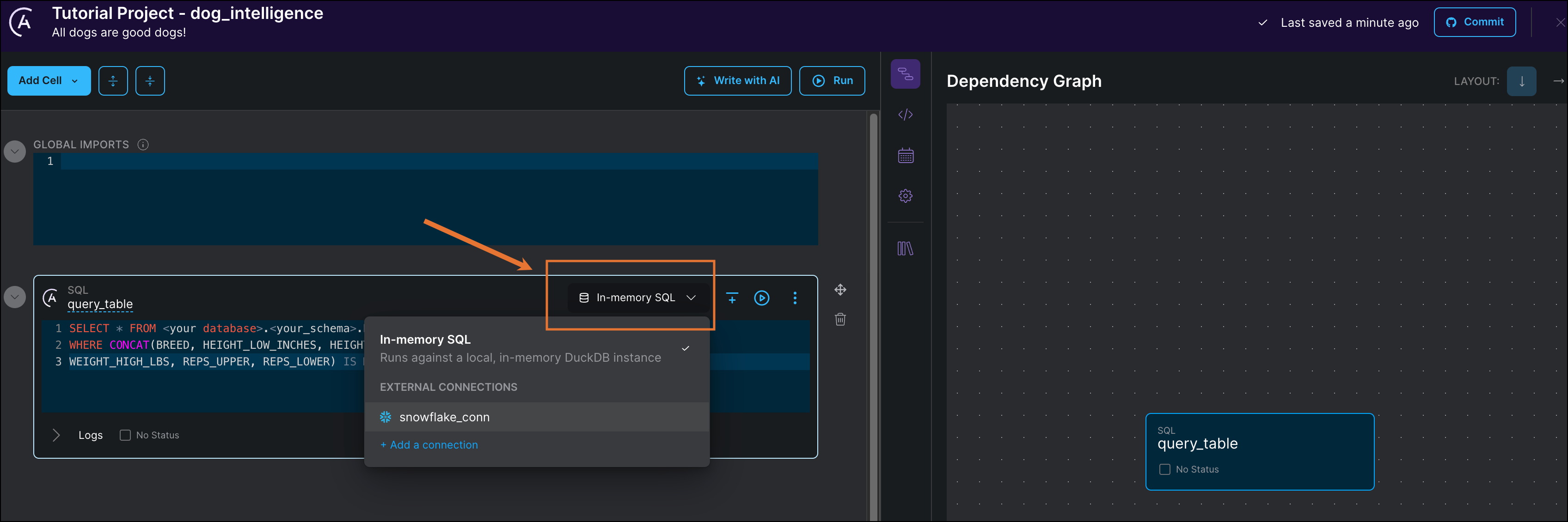 Cloud IDE screenshot showing the dialogue that opens when one clicks on the connection field of a cell, which by default says In-memory SQL. The option is shown to select the snowflake_conn that was defined in Step 3.