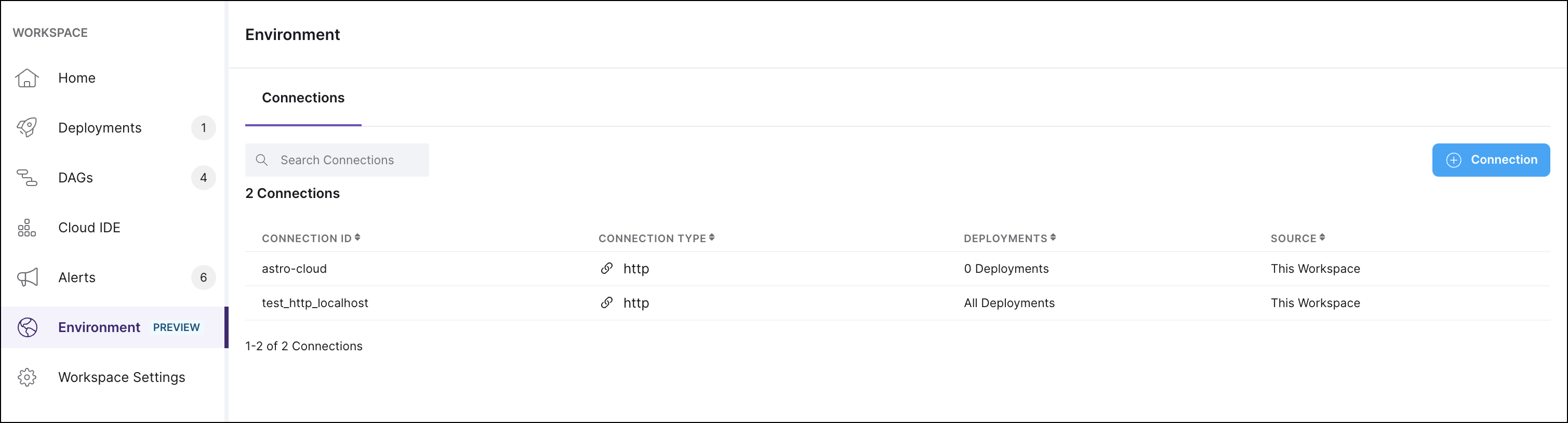 Example of the Connections tab in the Astro Environment Manager page