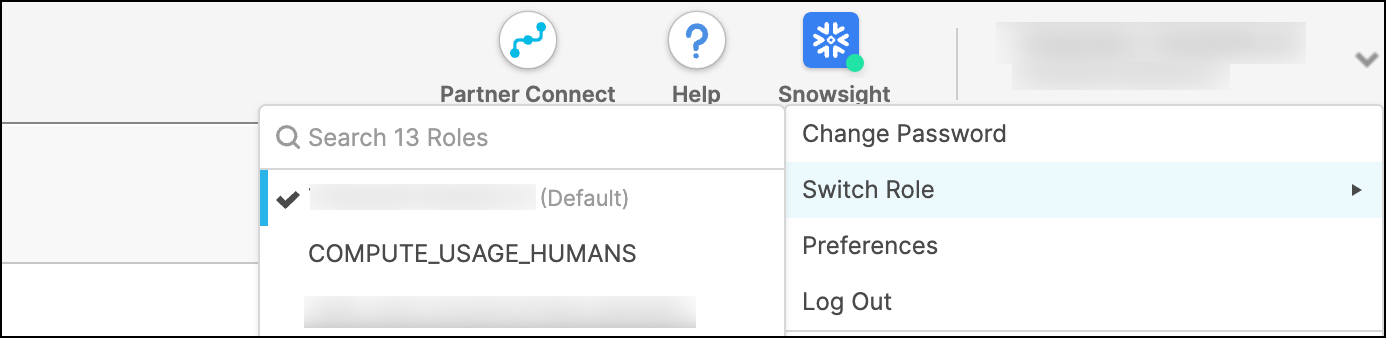 Screenshot roles in Snowflake classic console.