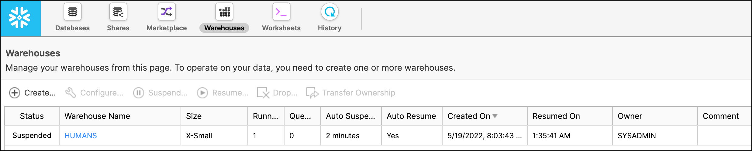 Screenshot warehouses tab in Snowflake classic console.