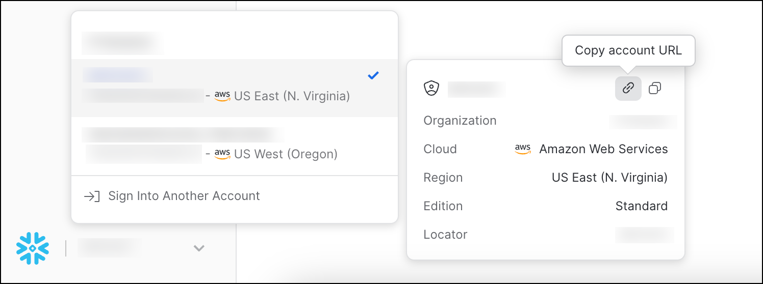 Screenshot of the bottom of the left nav in Snowsight showing how to copy the account URL.