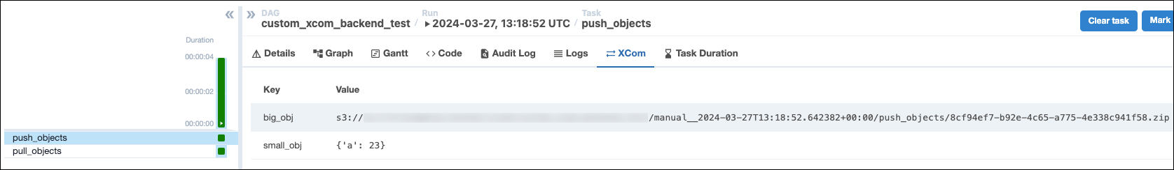 XCom tab of the push_objects task showing two key-value pairs showing the &quot;big_obj&quot; being serialized to the custom XCom backend and the &quot;small_obj&quot;: a dictionary containing&#39;a&#39;: 23, which was stored in the metadata database.