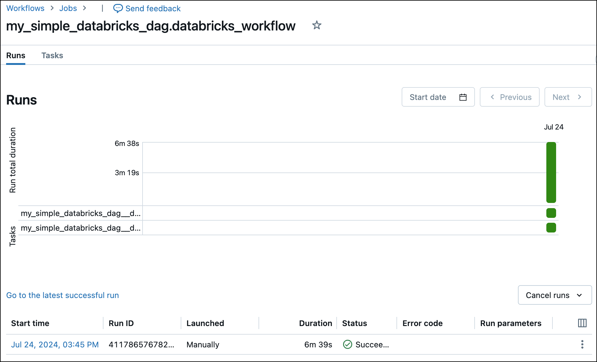 Successful run of a Databricks job in the Databricks UI.