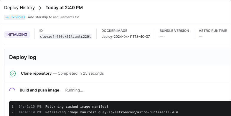 The status of a specific deploy in the Astro UI. The deploy is currently running and generating logs.