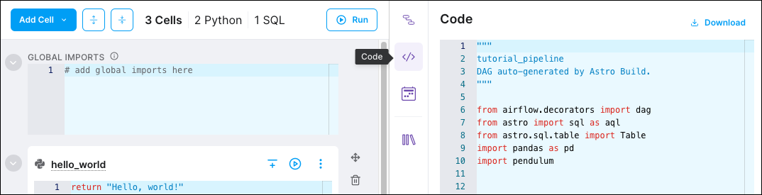 Code screen and download button