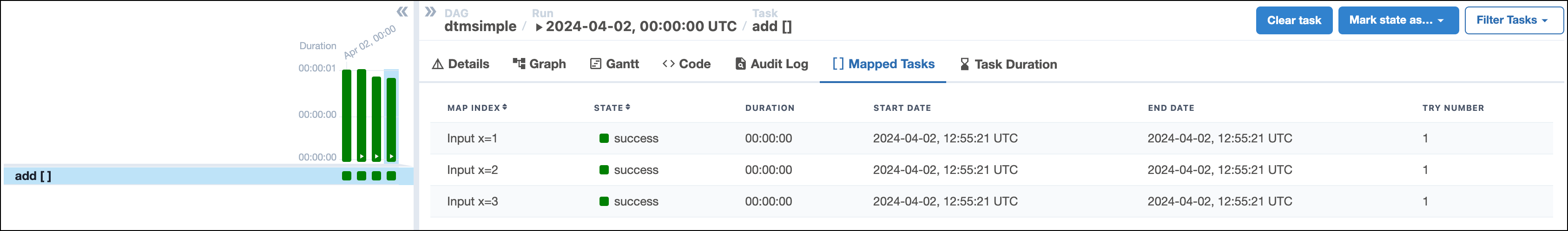 Screenshot of the Airflow UI showing three dynamically mapped task instances created with the code snippets above.