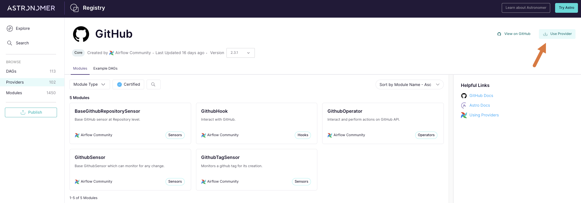 Screenshot of the Astronomer Registry showing the GitHub provider page with the Use Provider button highlighted.