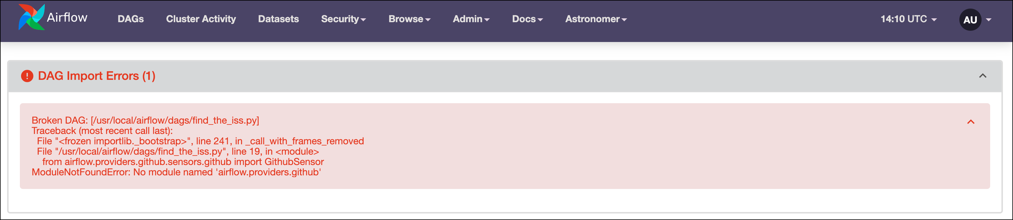 Screenshot of the Airflow UI Showing an Import Error saying: ModuleNotFoundError: No module named &#39;airflow.providers.github&#39;