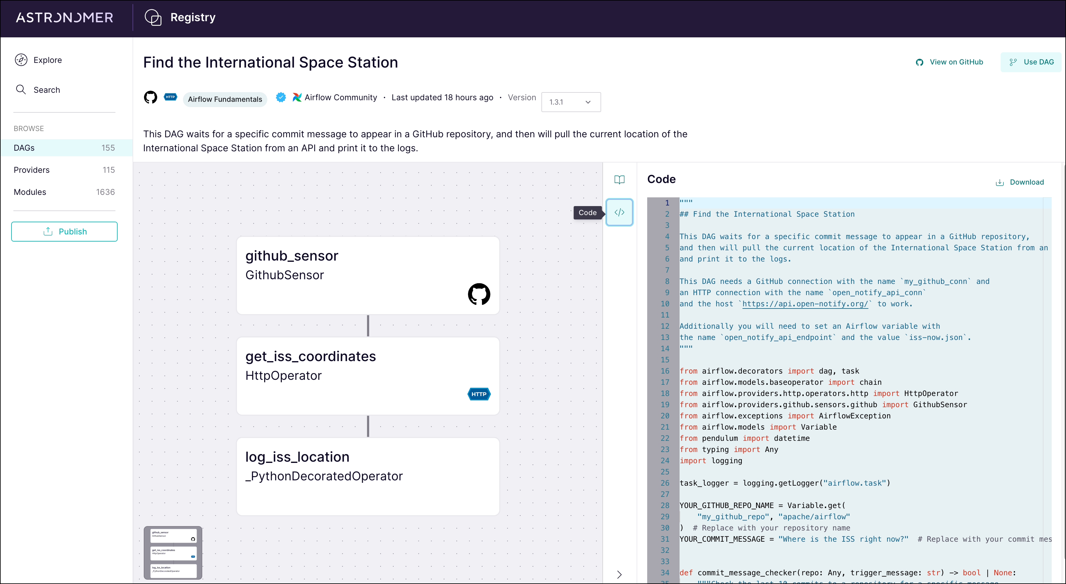 Screenshot of the Astronomer Registry showing the DAG code