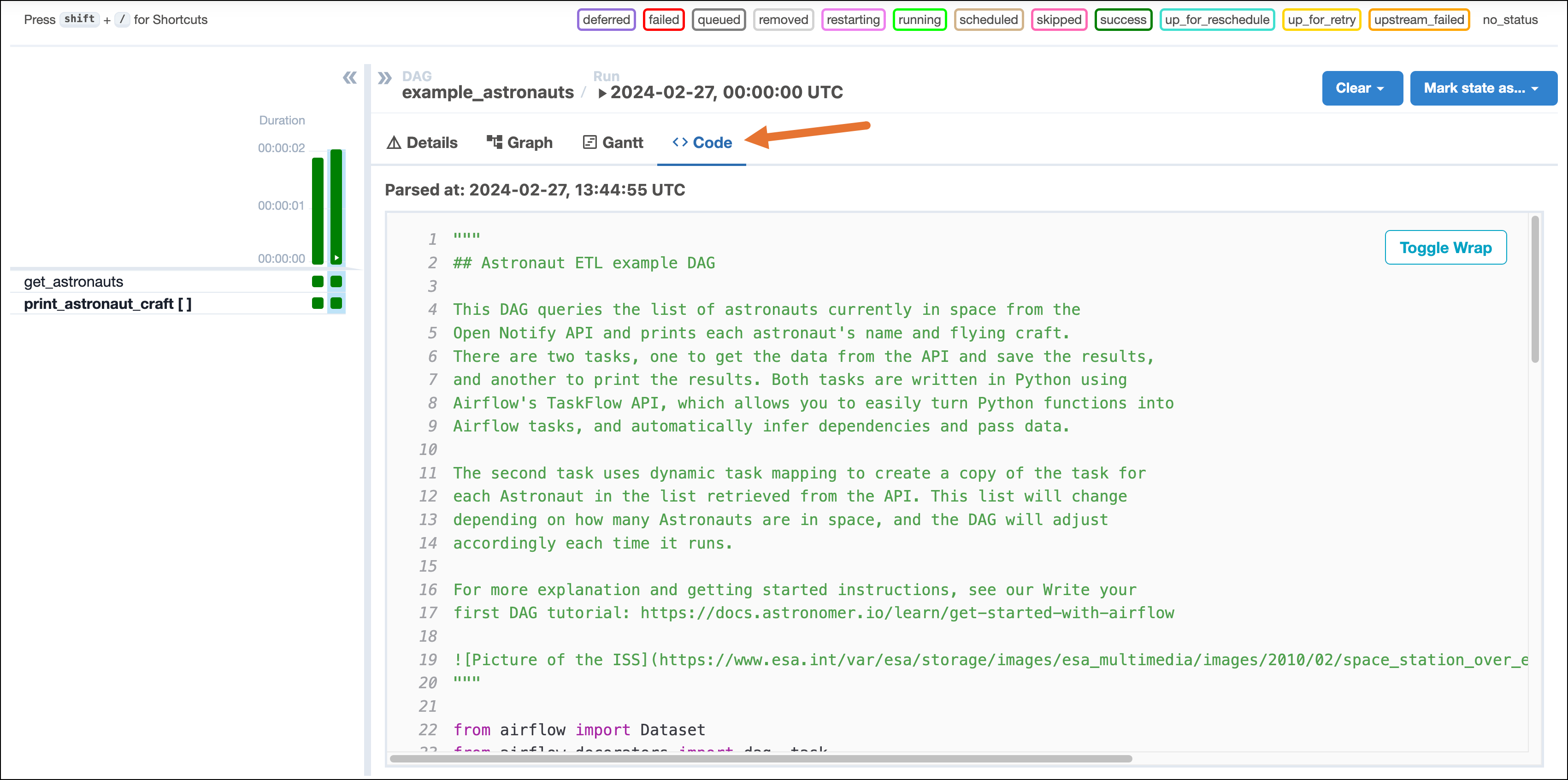 Screenshot of the Code tab in the Grid view showing the start of the DAG code of the example_astronauts DAG.