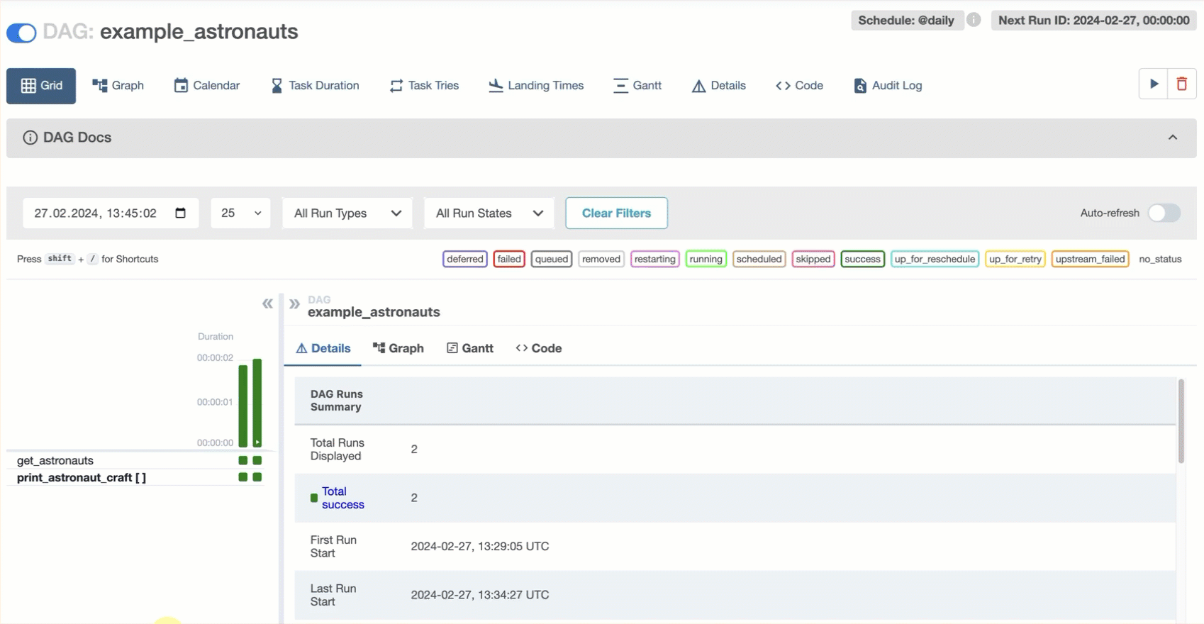 Gif showing how to access the Graph view of a DAG by clicking the Graph tab, then seeing the Graph you of a specific DAG run by clicking the DAG run column.