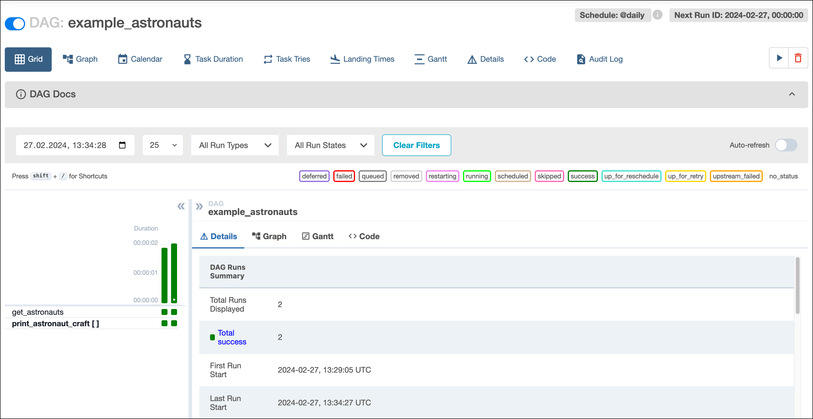 Screenshot of the Airflow Grid view showing two DAG runs of the example_astronauts DAG.