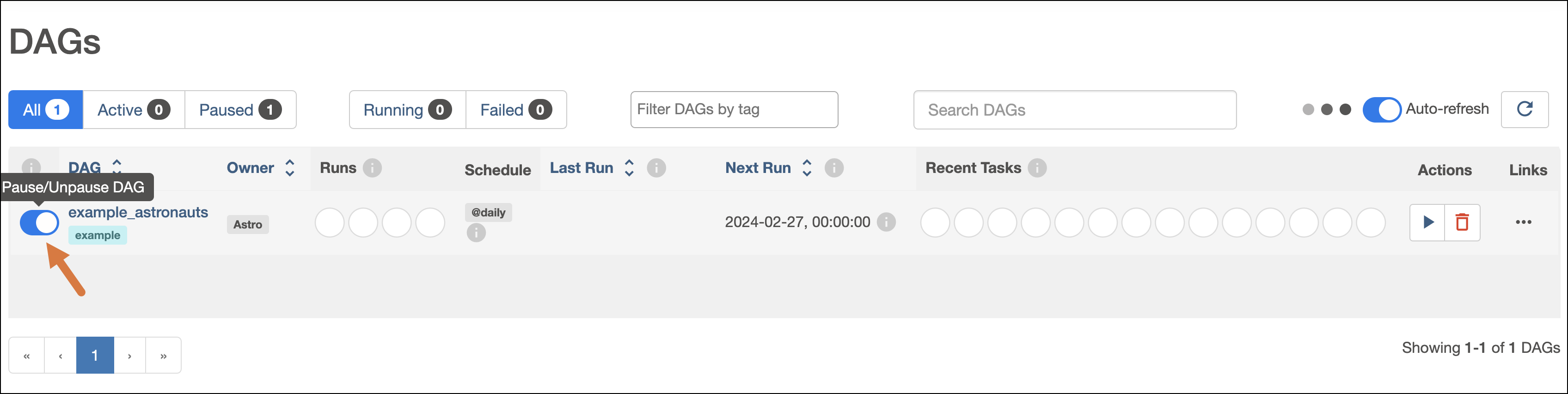 Screenshot of the DAGs view of the Airflow UI with an arrow pointing to the toggle on the right side of the DAG name you can click to unpause the DAG.