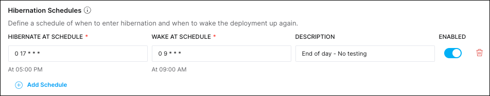 Example of setting a hibernation schedule in the Astro UI. A schedule is being set so that the Deployment hibernates outside of work hours.