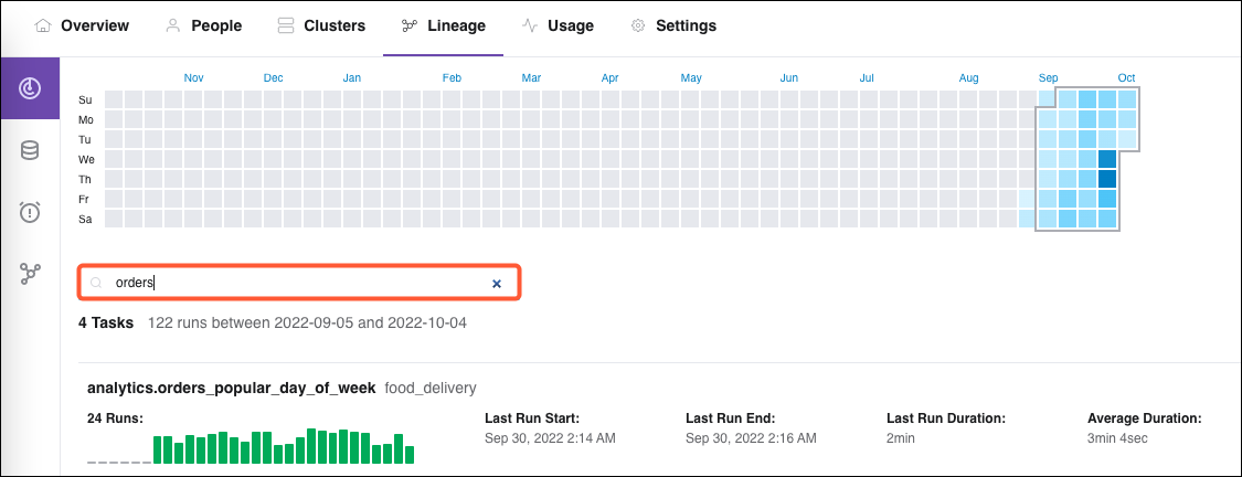 Example query in the lineage search bar