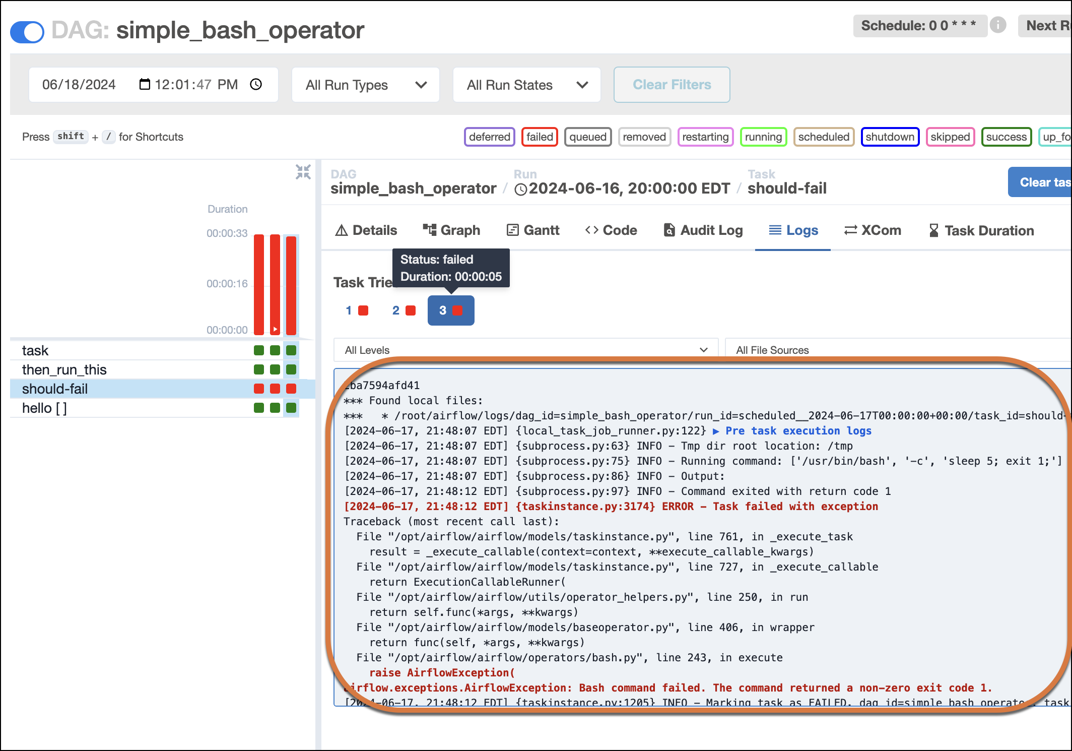 Screenshot of logs tab with task instance try history buttons.