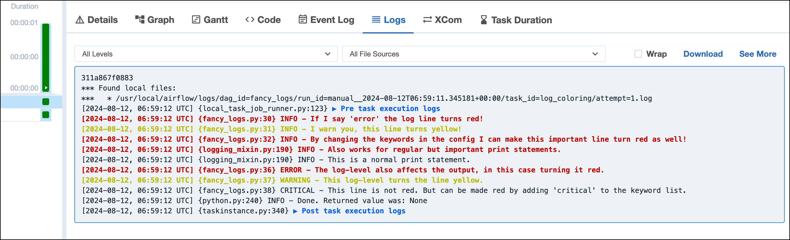 Screenshot of the task logs in the Airflow UI showing the above lines in red and yellow