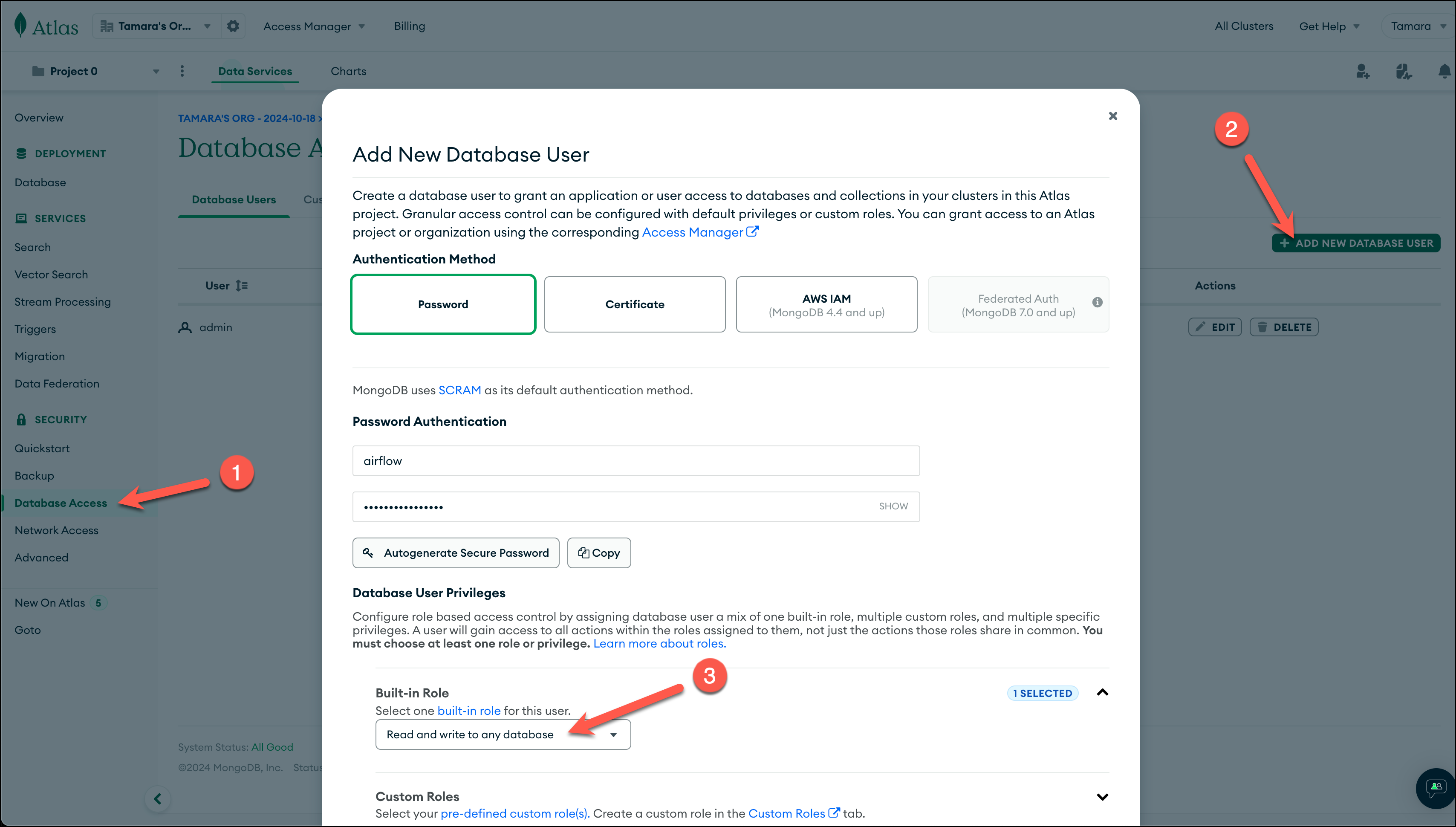 Screenshot of the MongoDB Atlas UI showing how to add a new user.