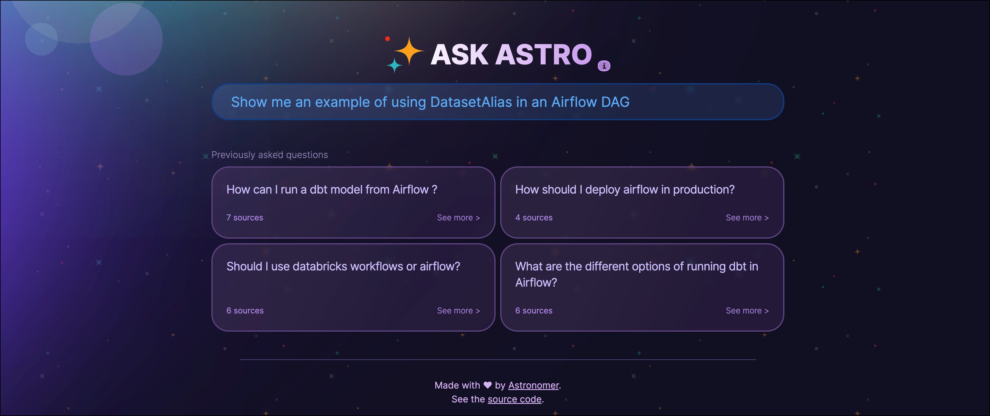 Screenshot of the Ask Astro web interface.