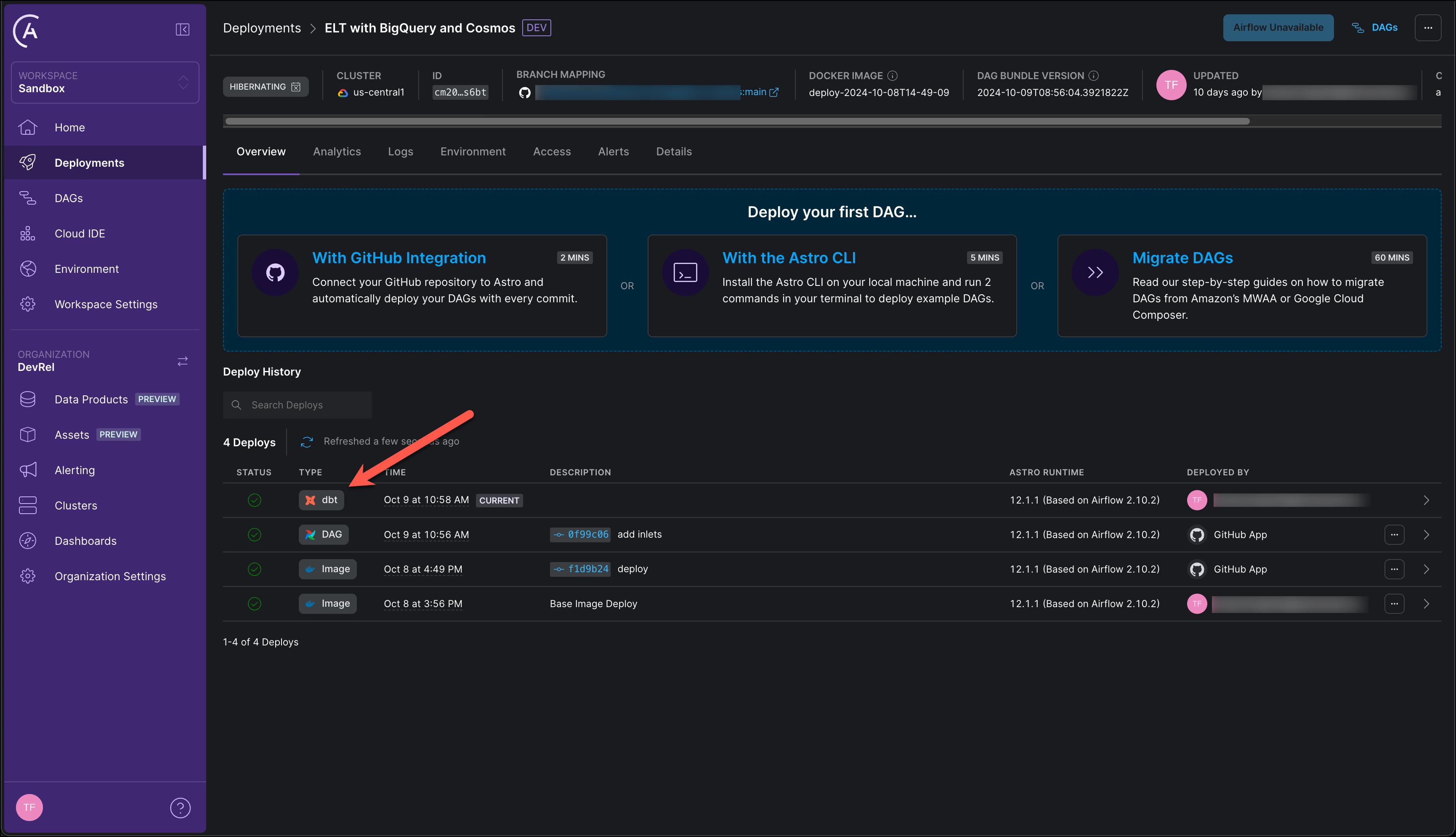 Screenshot of the Astro UI showing the Deploy History for a Deployment with a dbt Deploys entry.