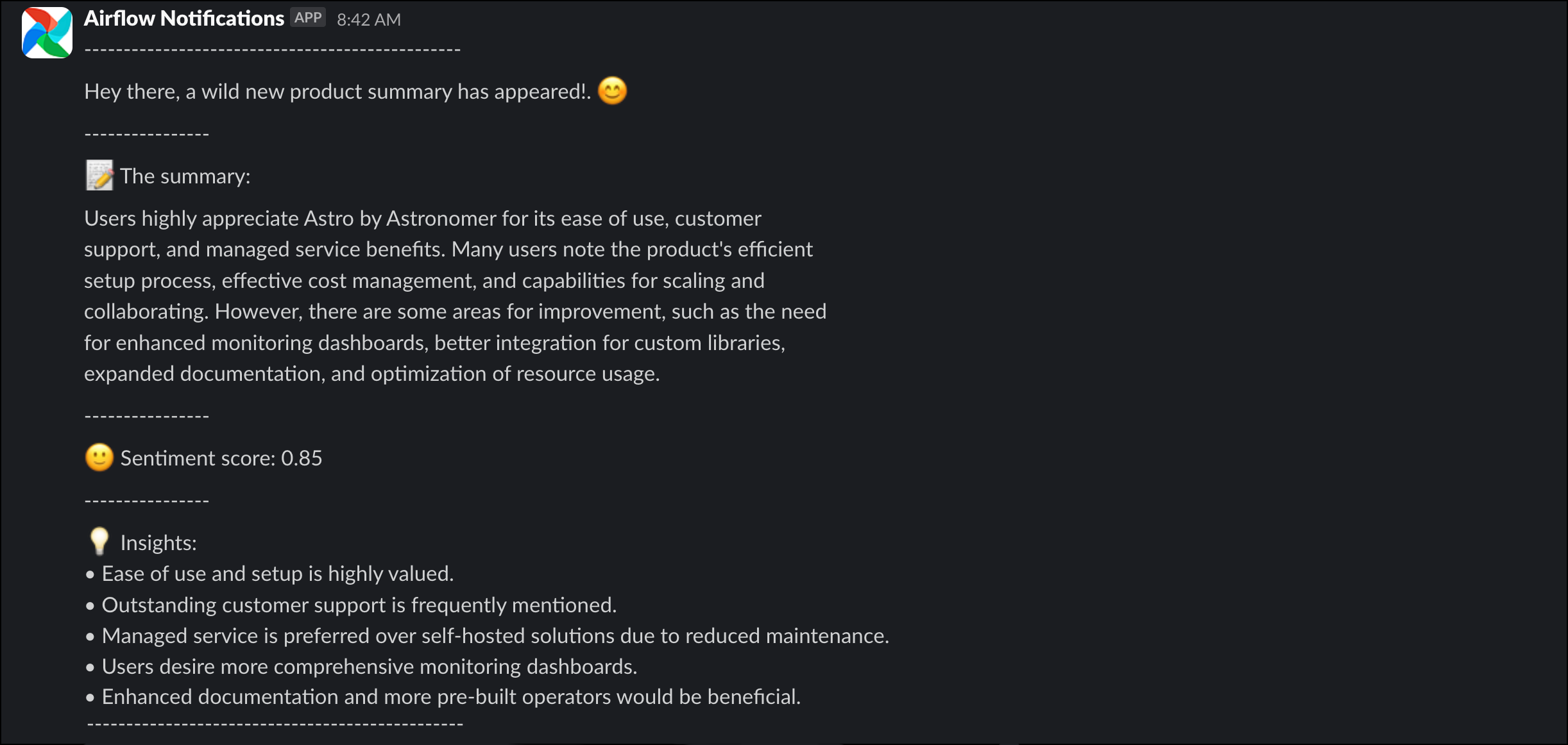 Screenshot of a Slack message showing a product summary generated by the pipeline.