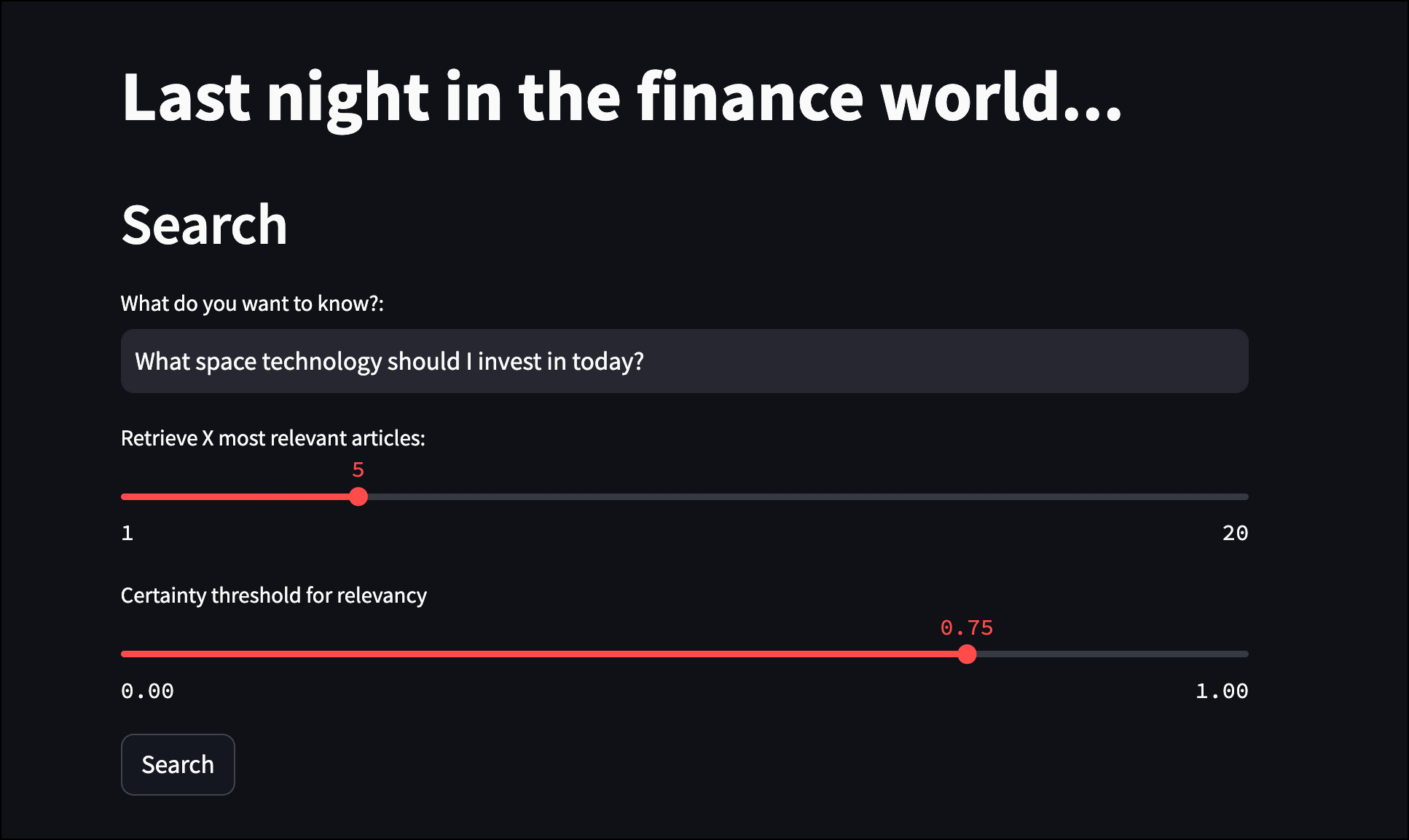 Screenshot of the streamlit app showing the prompt field and two sliders, one for number of relevant article chunks retrieved, one to adjust the certainty.