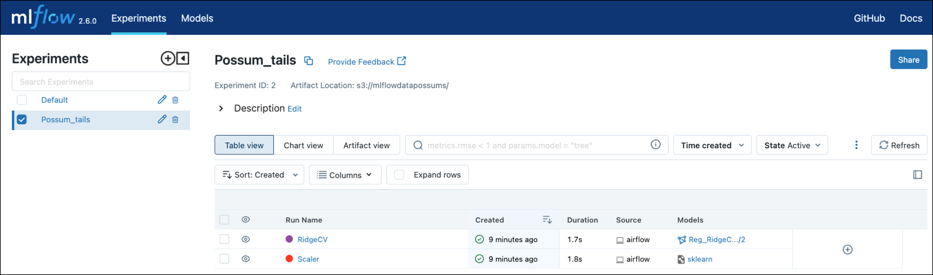 Experiments tab of the MLflow UI showing the Possum_tails experiment with the RidgeCV run.