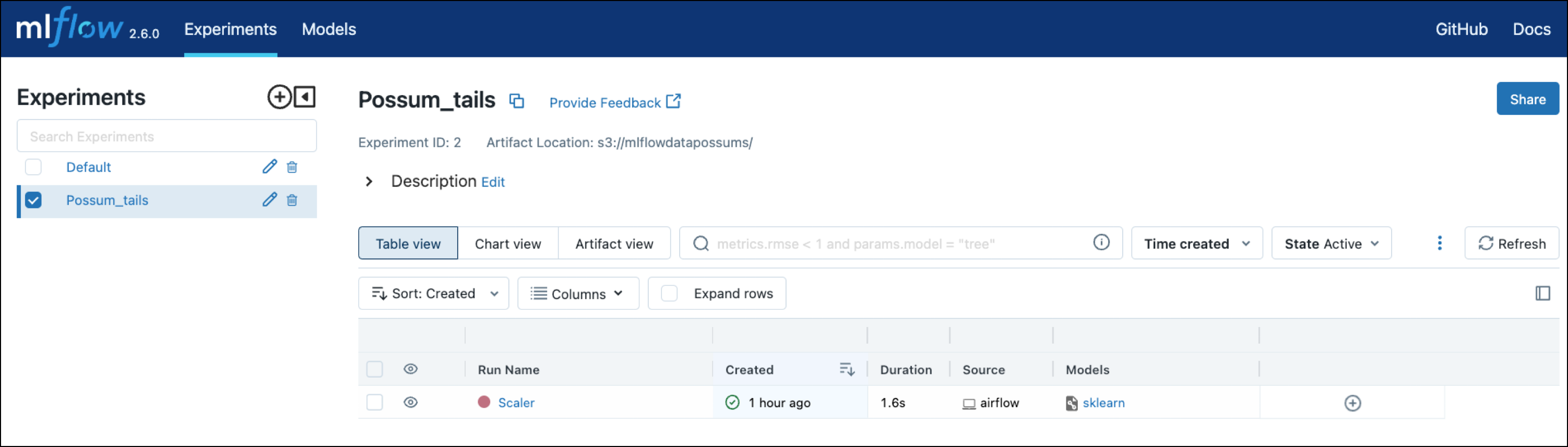 Experiments tab of the MLflow UI showing the Possum_tails experiment with the Scaler run.